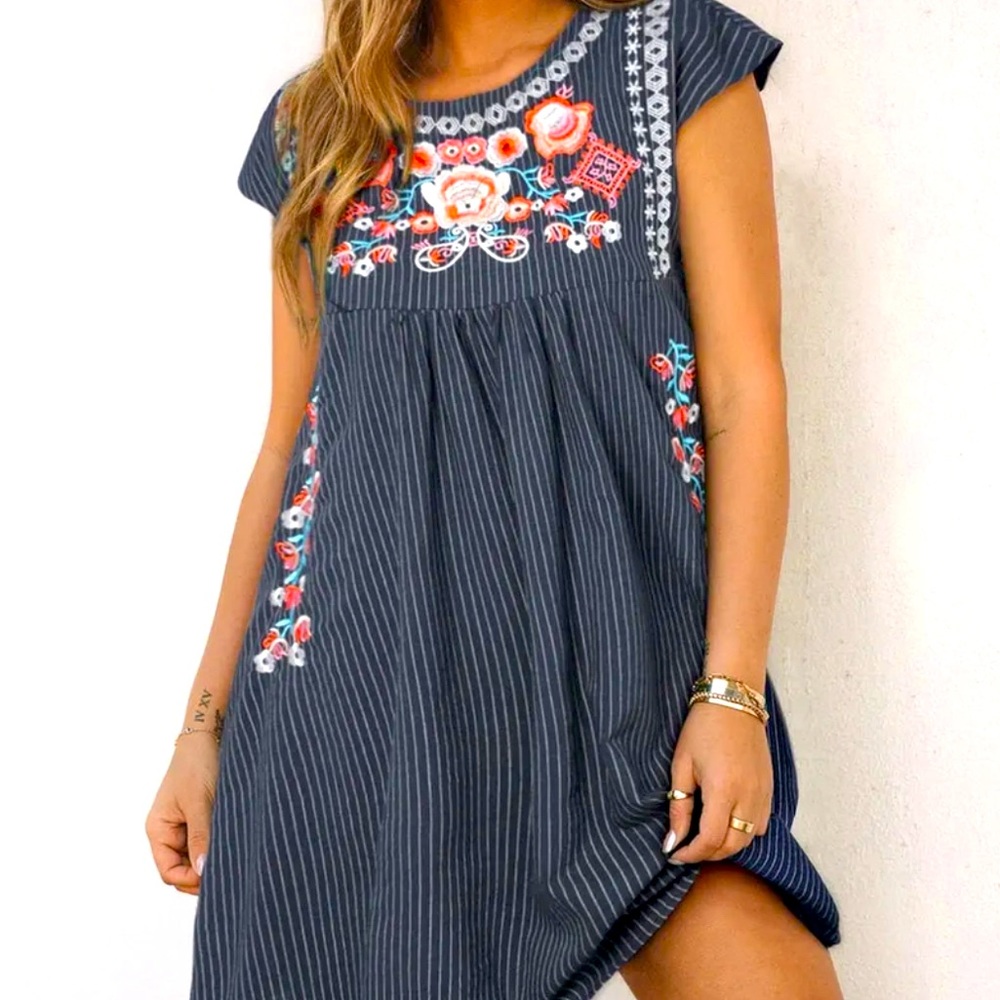 Embroidered Striped Mini Dress